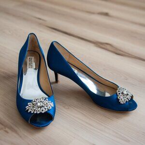 Badgley Mischka Blue Satin Crystal Peep Toe Heels 9.5 w Box